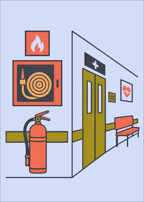 Couloir d'établissement avec extincteur, RIA et signalétique de premiers secours