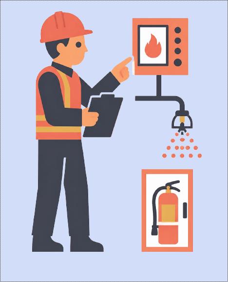 Technicien inspectant un tableau incendie, un sprinkler et un extincteur
