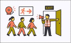 Guide et serre-file dirigeant une évacuation vers une issue de secours