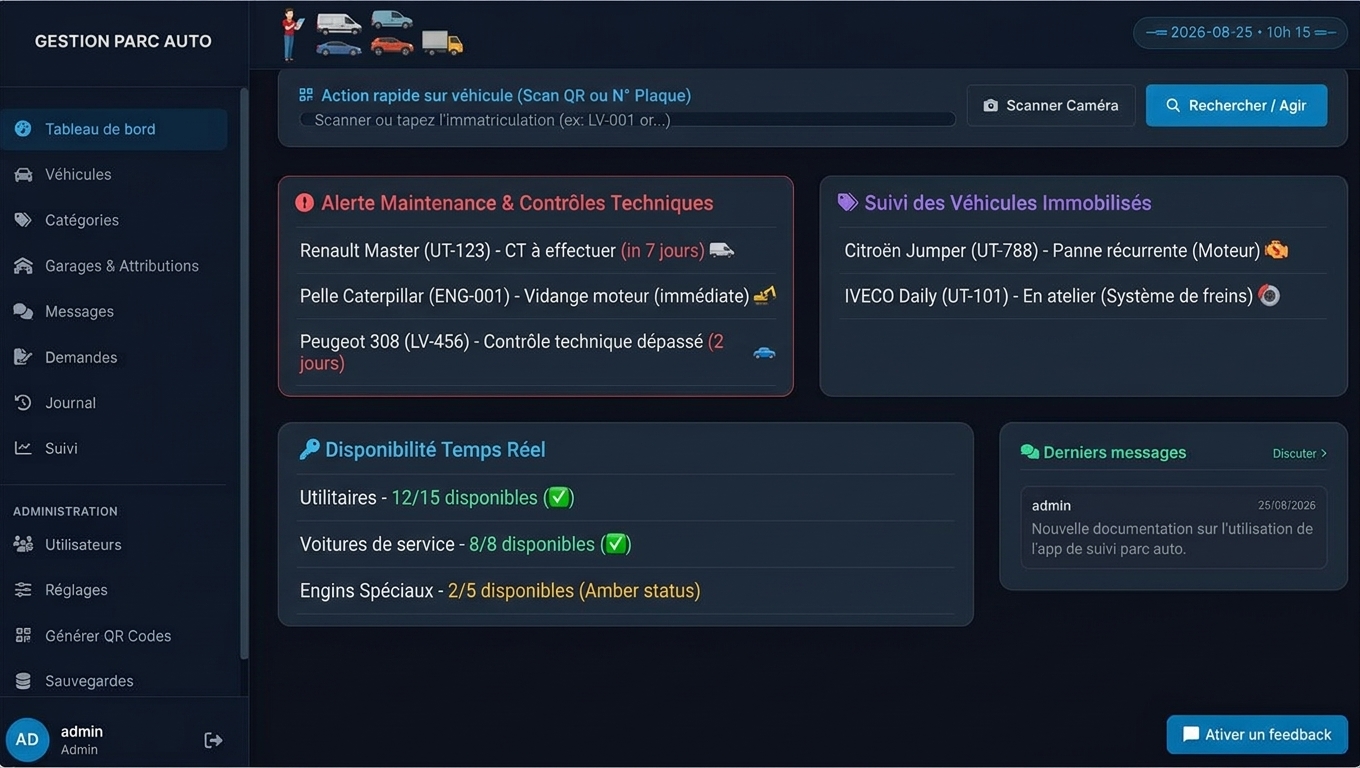 Interface Gestion Maintenance Parc Auto — carnet d'entretien et suivi du parc